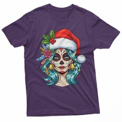 Christmas Sugar Skull Art Woman Santa Hat Festive Design T-Shirt