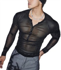 Mens Glitter Shirt Top See Through Lace T-Shirt Sheer Mesh Undershirts