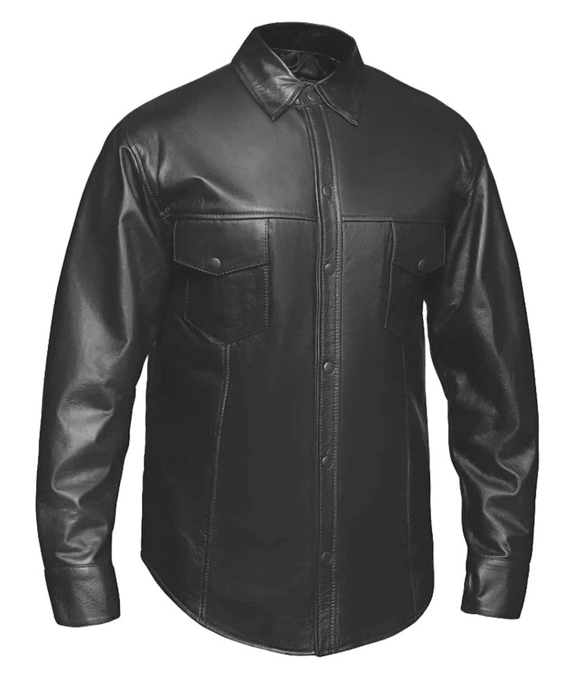 Men’s Premium Lightweight Goatskin Leather Snap Shirt Jacket – Black Size XL