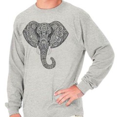 Geometric Spirit Animal Henna Elephant Head Long Sleeve Crewneck Tee Men Women