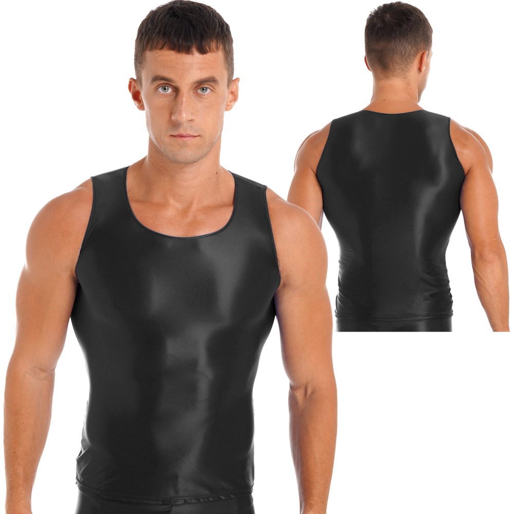 Men Oil Glossy Print Tank Top Sleeveless T Shirt Casual Slim Fit Sport Gym Shirt