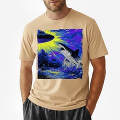 Retro UFO Shark Attack T-Shirt Vintage Sci-Fi Alien Abduction Space Graphic Tee