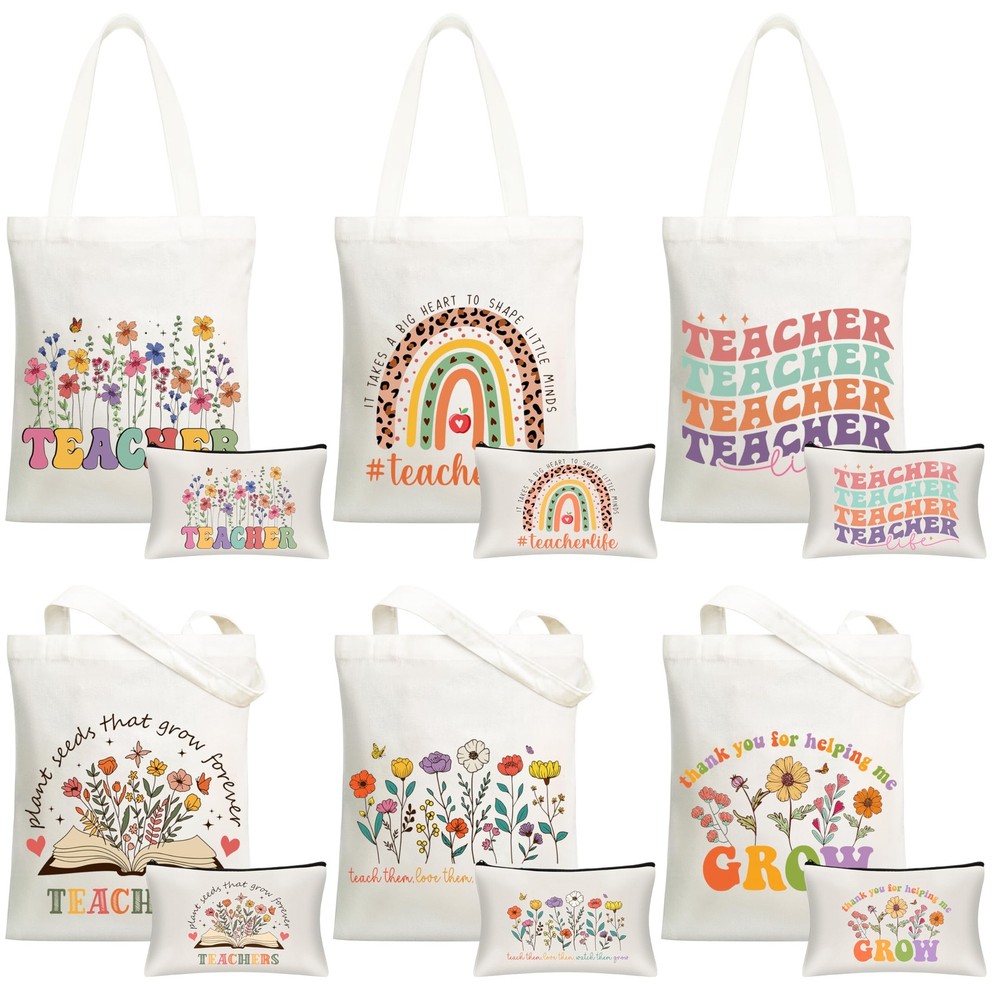 HUFAND Graduation Gifts for Teachers 6 Pack Canvas Tote Bags with Makeup Pou…
