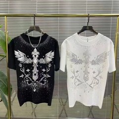 Men Fashion Luxury Trend Cross Wing Drills Rhinestone Diamond Streetwear T-Shirt