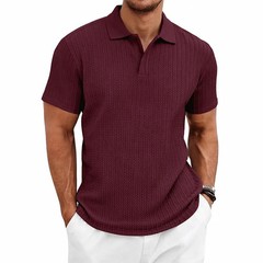 Men’s knitted textured simple short-sleeve polo shirt, casual golf business top,