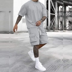 2 Pack Men’s Cargo Pants & T Shirt Set Multi Pocket Casual Athletic Outfit