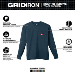 Men’S 2X-Large Blue GRIDIRON Cotton/Polyester Long-Sleeve Pocket T-Shirt
