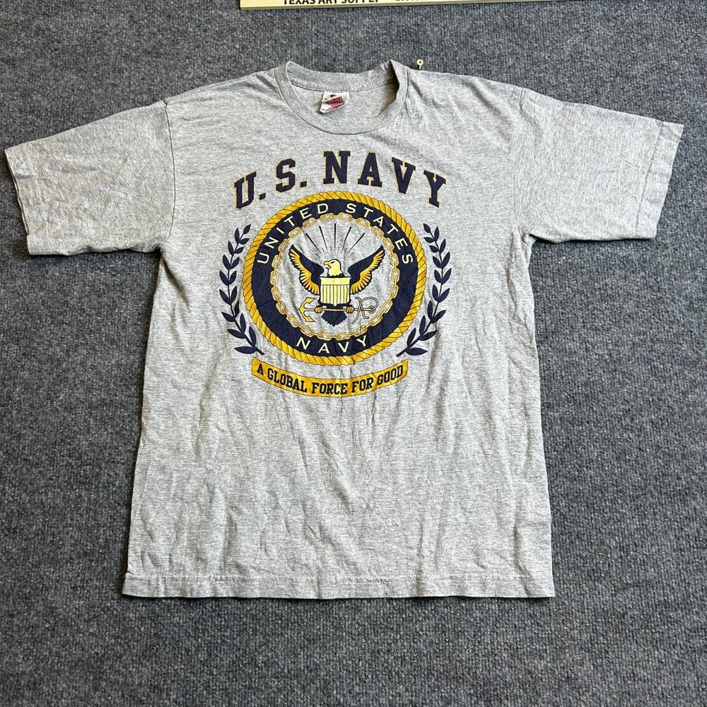 Bayside T-Shirt Mens Medium Gray US Navy Graphic Cotton Blend Tee