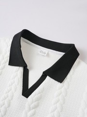 Men’s Cable Knit Contrast Collar Polo Shirt Business Casual V Neck Summer Top