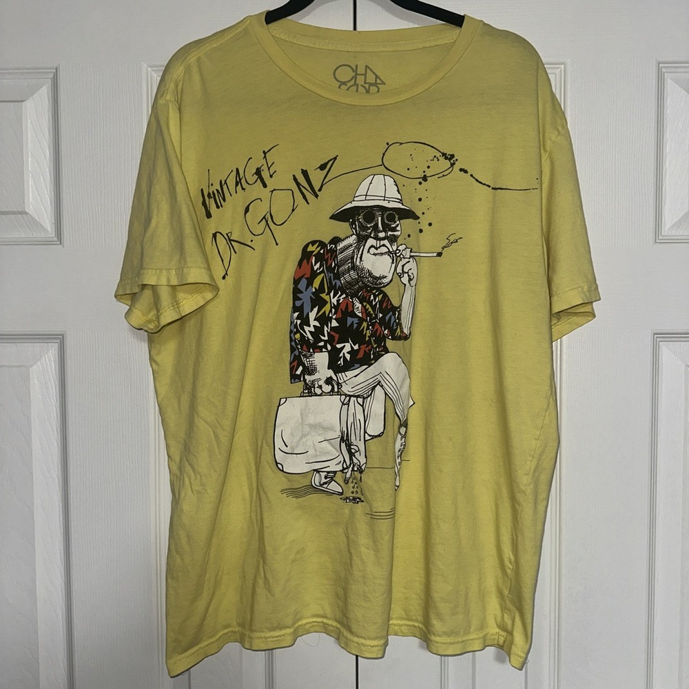 Vtg Style Dr. Gonzo Ralph Steadman Fear & Loathing In Las Vegas Shirt Yellow XL