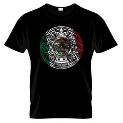 Aztec Calendar Mexican Flag Graphic T Shirt Black 100% Cotton