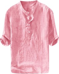 Men’s Casual Linen Cotton 3/4 Sleeve Henley T-Shirt – Lightweight Summer Top