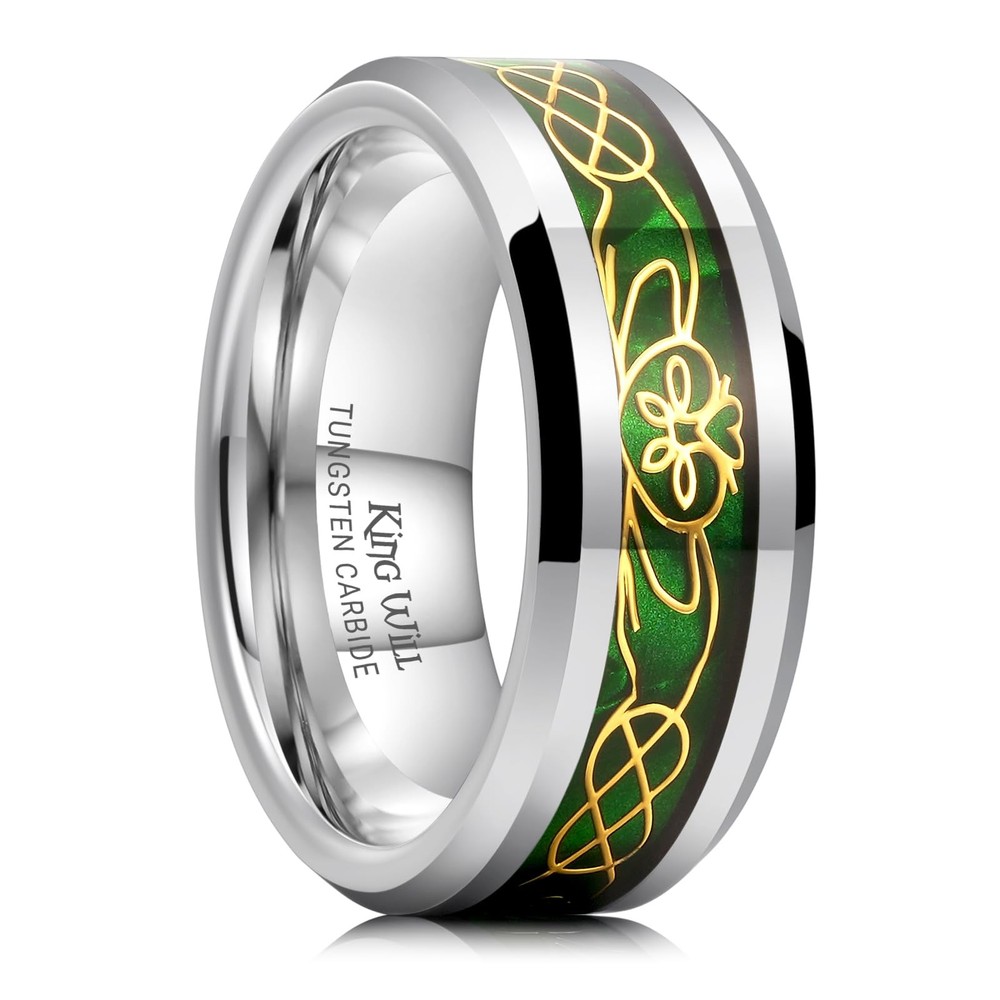 8mm Silver Claddagh Tungsten Rings, Men’s Wedding Rings Inlay Beveled Edge Ce…