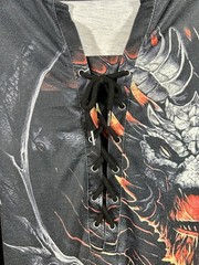 Dragon Graphic Lace Up Henley Shirt Mens 3XL Black Fire Red Long Sleeve Gothic