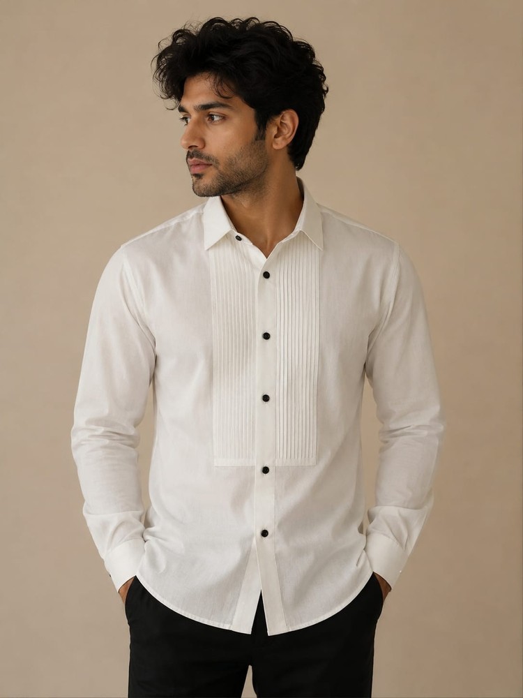Classic White Pleated Tuxedo Shirt for Men – Formal Wedding & Black Tie Dress Sh