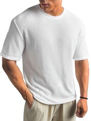 Mens Summer T Shirt Casual Ribbed Crew Neck Short Sleeve Solid Color Tee Top