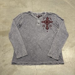 Vintage Y2K Affliction Mens Henley Size Medium Grunge Cross Skull Angel Biker