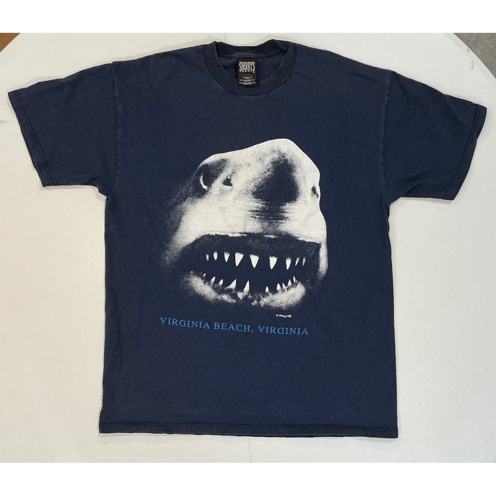 VTG USA Made AOP 90s Shark Face T-Shirt Virginia Beach Navy Blue Mens L Nature