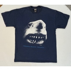 VTG USA Made AOP 90s Shark Face T-Shirt Virginia Beach Navy Blue Mens L Nature