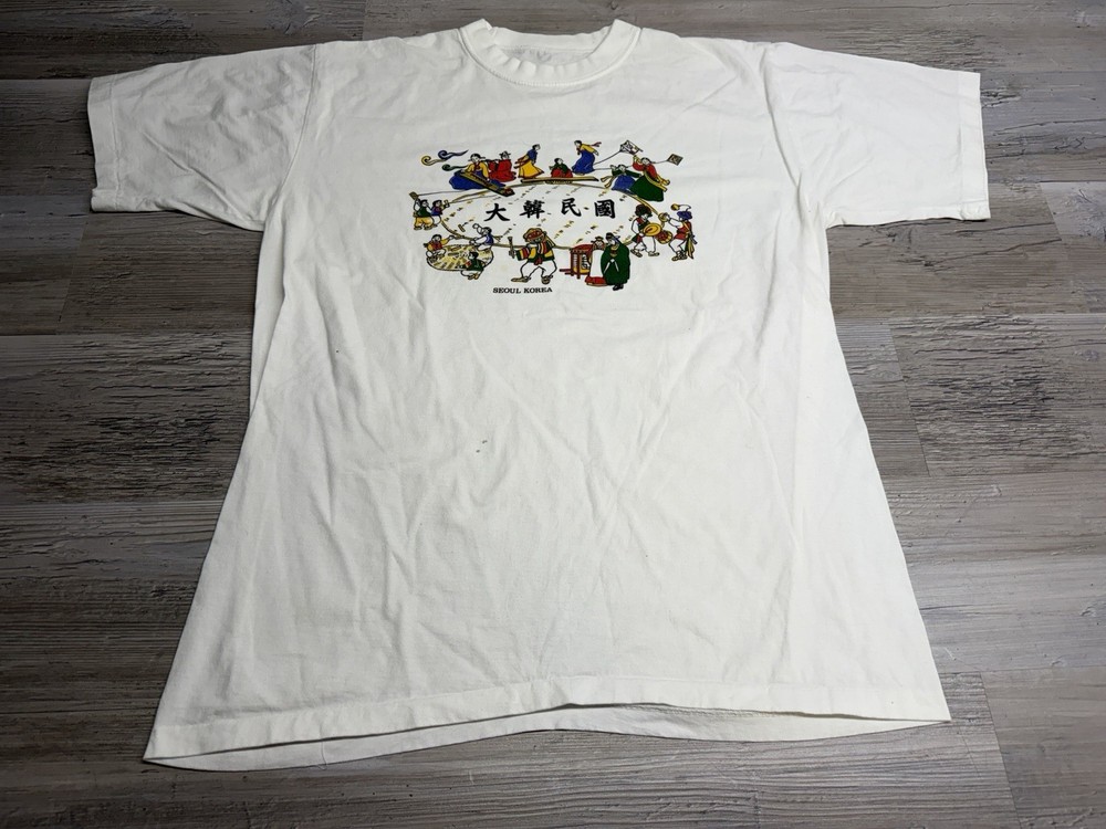 Vintage 80s Seoul Korea Souvenir Tee Korean Folk Art Traditional 1988 Graphic M