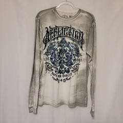 Affliction Men’s Silver Bleach Brush Wash Black Flocked Logo T Shirt Size M