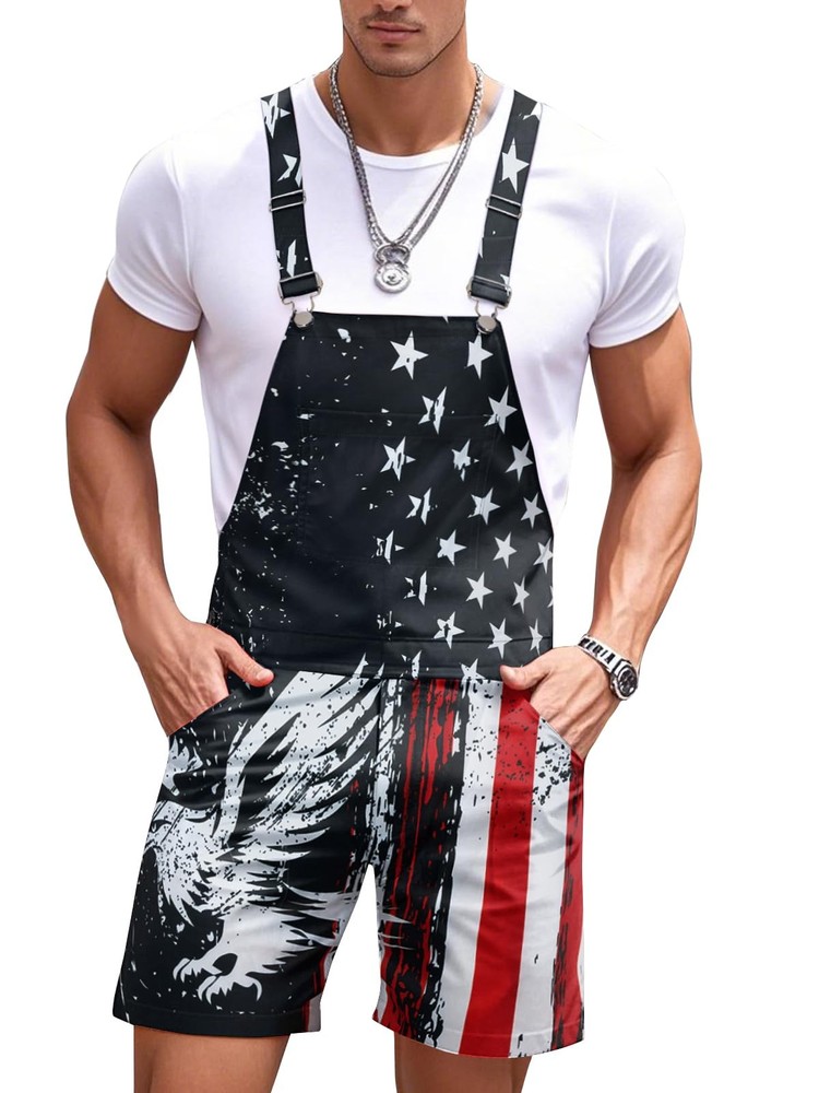 Men’s Outfits 4th of July Adjustable Strap Rompers Usa Eagle American Overall…