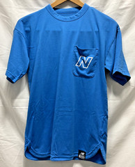 NB New Balance Stretch Blue Pocket T Shirt Unisex size Small Round Slit Hemline
