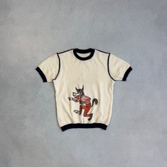 VINTAGE 60’s ACKERMANN BIG BAD WOLF CARTOON ACRYLIC KNIT TEE T-SHIRT YOUTH 164CM