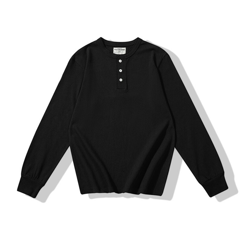 Mens Basic Style Heavyweight Solid Color Long Sleeve Henry Collar Casual T-shirt