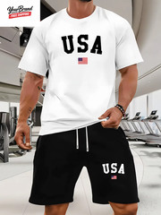 Fashion American Flag Graphic Print T-Shirt Shorts 2-Piece Set Casual Men’S USA