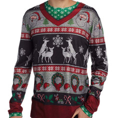 Faux Real Men 3D Photo-Realistic Ugly Christmas Sweater T-Shirt, S, Frisky Deer