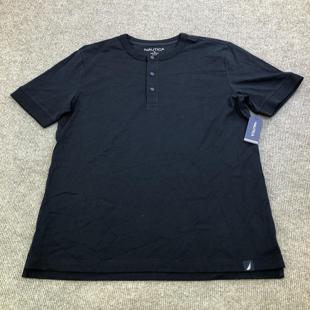 Nautica Shirt Mens Medium Navy Short Sleeve Henley Tee Tagless Nautical Logo