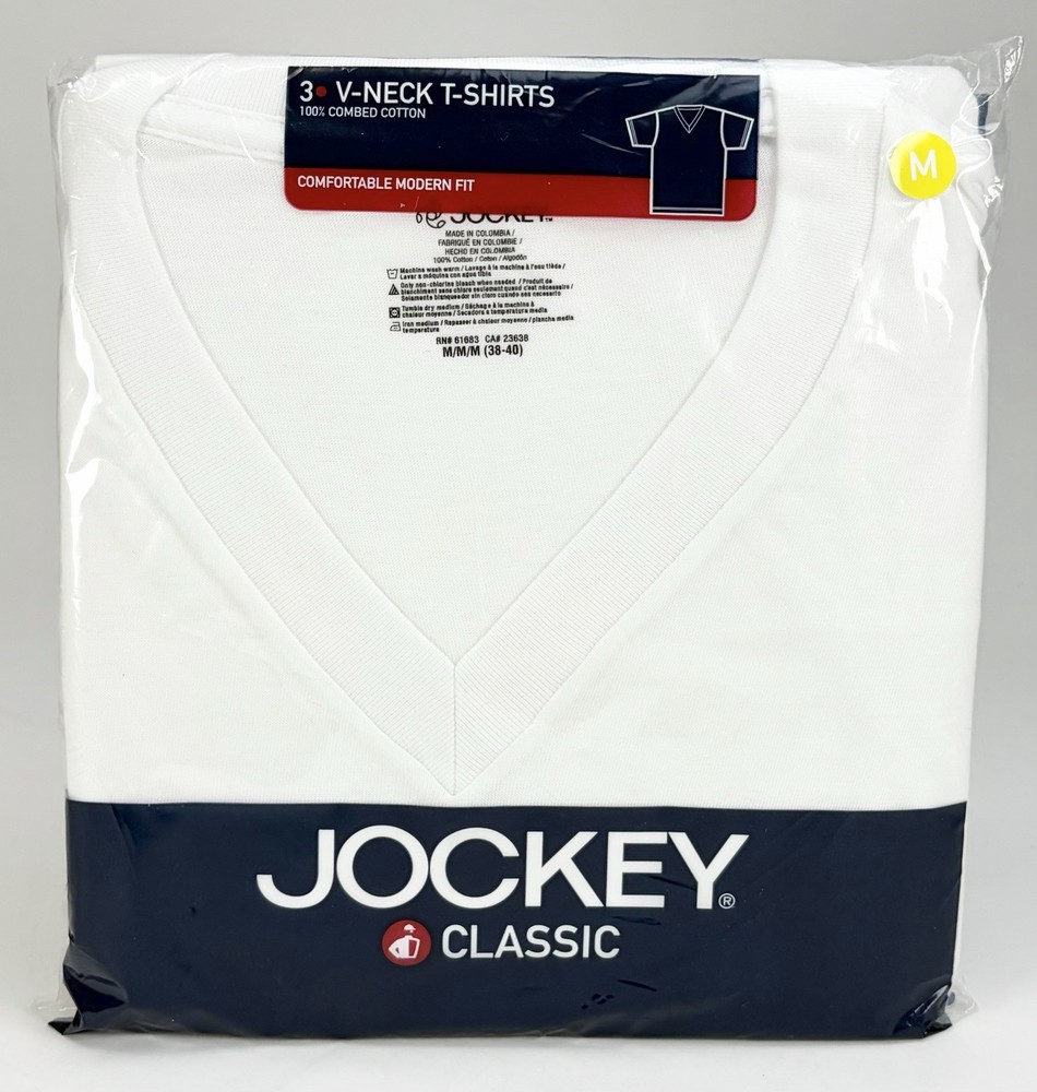 Jockey Men Classic T-Shirt Medium White 100% Cotton V-Neck 3 Pack Style 9814 NOS
