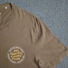 True Religion T Shirt Mens L Khaki Brown Wavy Buddha Logo Gold Graphic Print S/S