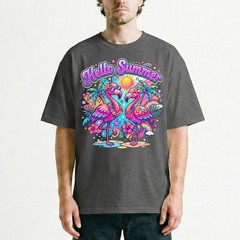 Hello Summer Tropical Flamingo T-Shirt Retro Neon Beach Vacation Holiday Tee