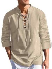 Men’s Casual Long Sleeve Henry Shirt Lace-Up Stand-Up Collar Cotton Linen Blouse