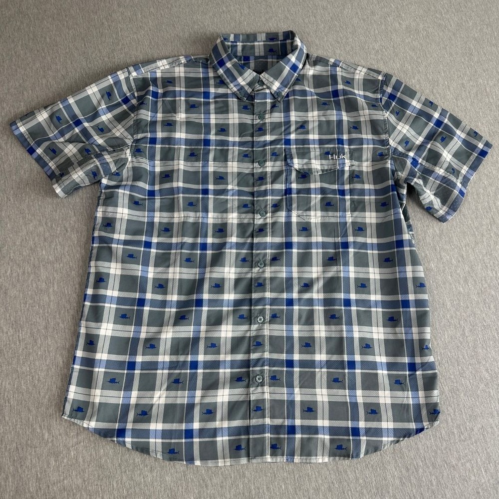Huk Performance Fishing Shirt Mens XL Gray Blue Plaid Sailfish Short Sleeve Vent