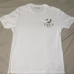 TrueReligion Tshirt Mens•M White Gold Monk Buddha Embossed Logo Graphic CrewNeck
