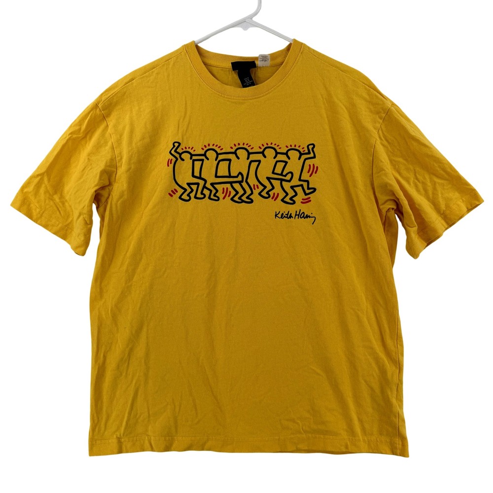 Keith Haring H&M Shirt Mens Medium Yellow Dancing Figures Graphic Tee T-Shirt