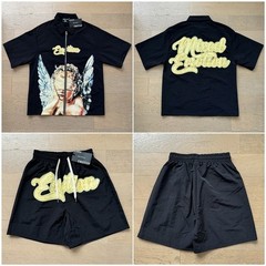 Mixed Emotion Letter Print Beaded Knitted Short-Sleeved Shirt and Casual Shorts