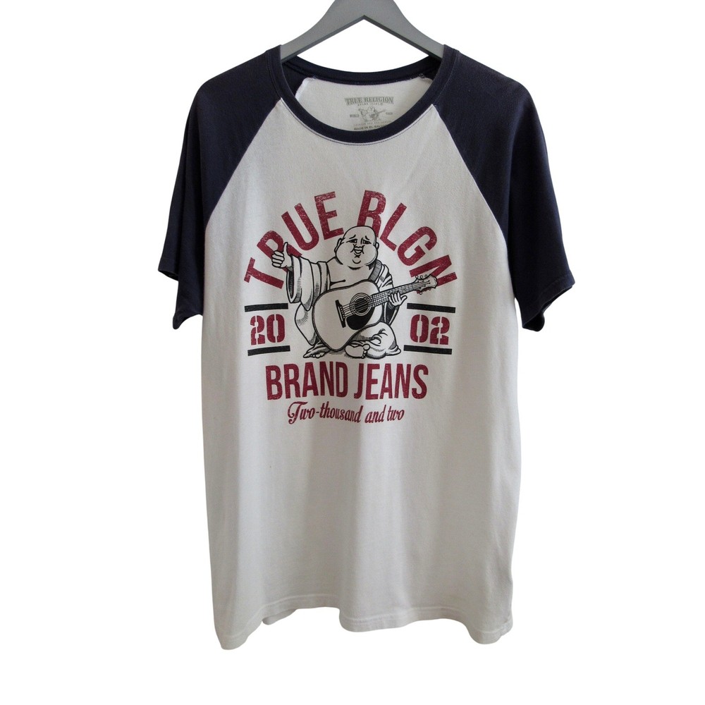 Vtg True Religion Mens Buddha Guitar Raglan Baseball T-Shirt White Navy Blue L