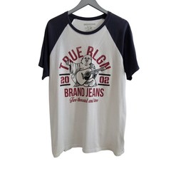 Vtg True Religion Mens Buddha Guitar Raglan Baseball T-Shirt White Navy Blue L