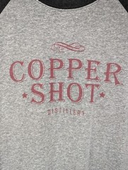 Copper Shot Distillery T Shirt Size Large Bastrop Texas 3/4 Raglan Ringer
