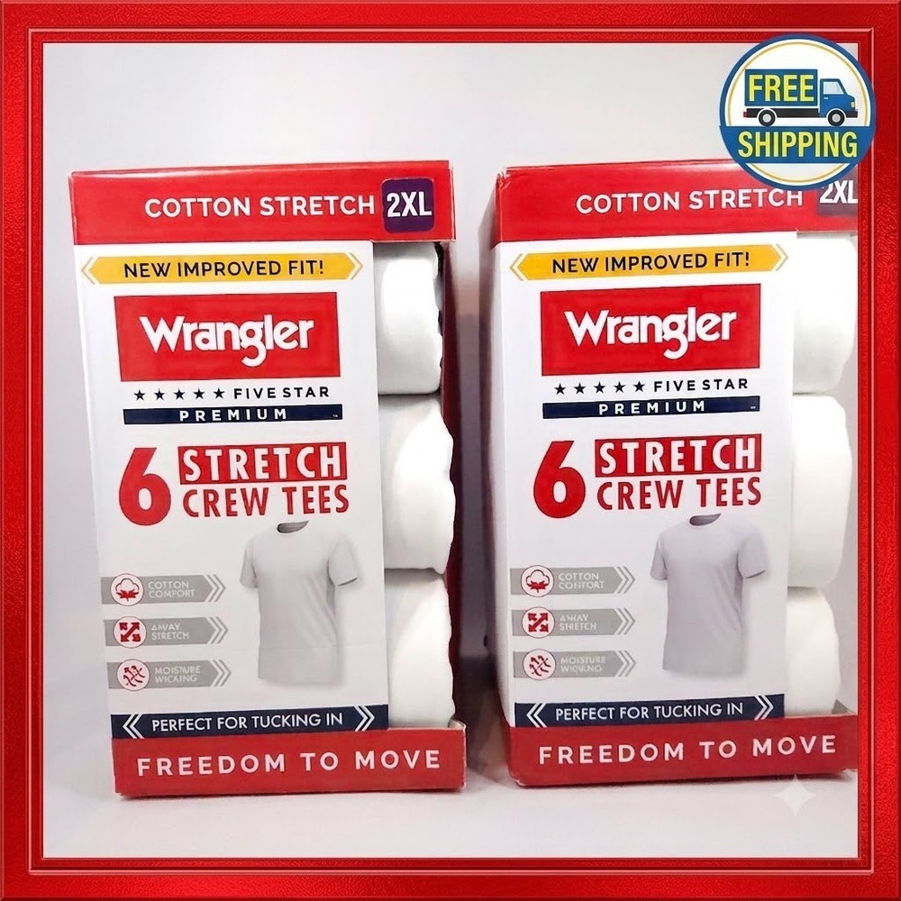 Wrangler Men Undershirts White Crew Neck Cotton Stretch Size 2XL Lot of 2 Packs