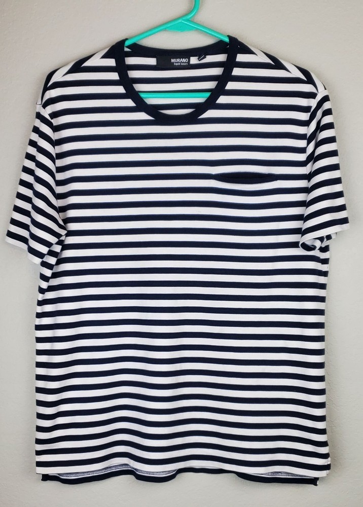 Murano Liquid Luxury Men’s Large Black White Striped Pocket T-Shirt 100% Cotton