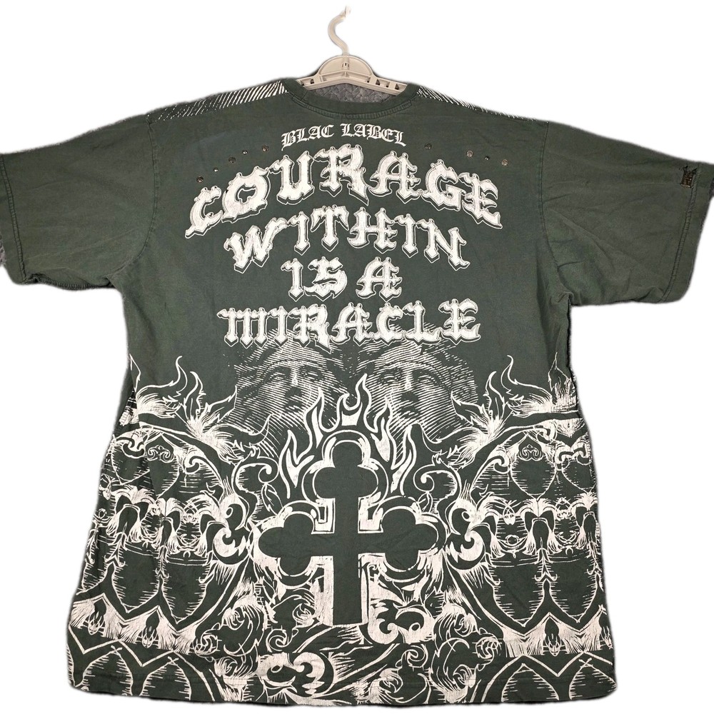Black Label Men’s XL Graphic T-Shirt Green Y2K Gothic Distressed Biker