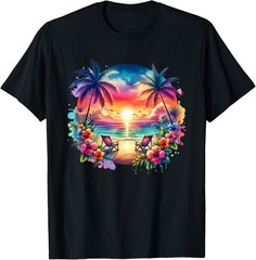Tropical Island Beach Wave Sunset Scene T-Shirt