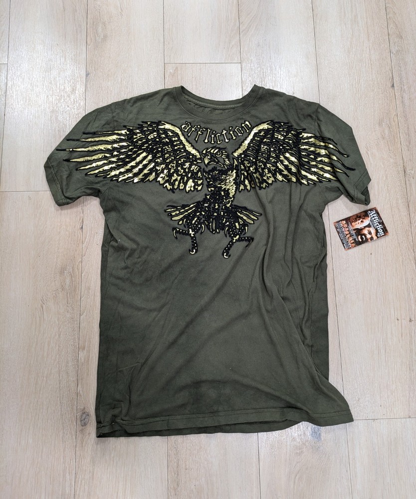 NWT Mens AFFLICTION Y2K Green Gold Black Foil Velvet Graphic Eagle Shirt Size L