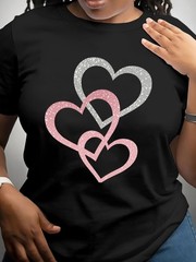 Women’s Round Neck Romantic Short-Sleeved T-Shirt Summer Heart Pattern Pullover♪