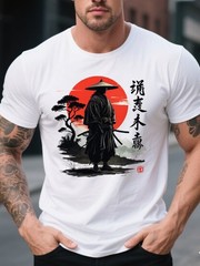 Anime Samurai Warrior Red Sun Graphic T-Shirt Japanese Manga Tee